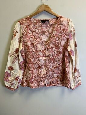 Tahari Pink and Cream Floral Print Button-Down Blouse